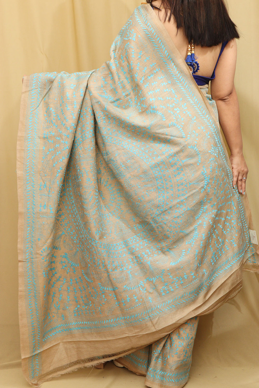 Pastel Kantha Hand Embroidered Gachi Tussar Silk Saree - Luxurion World