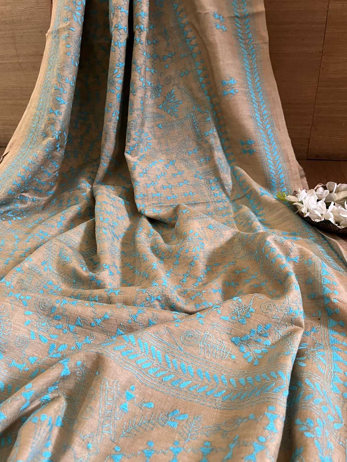 Pastel Kantha Hand Embroidered Gachi Tussar Silk Saree - Luxurion World