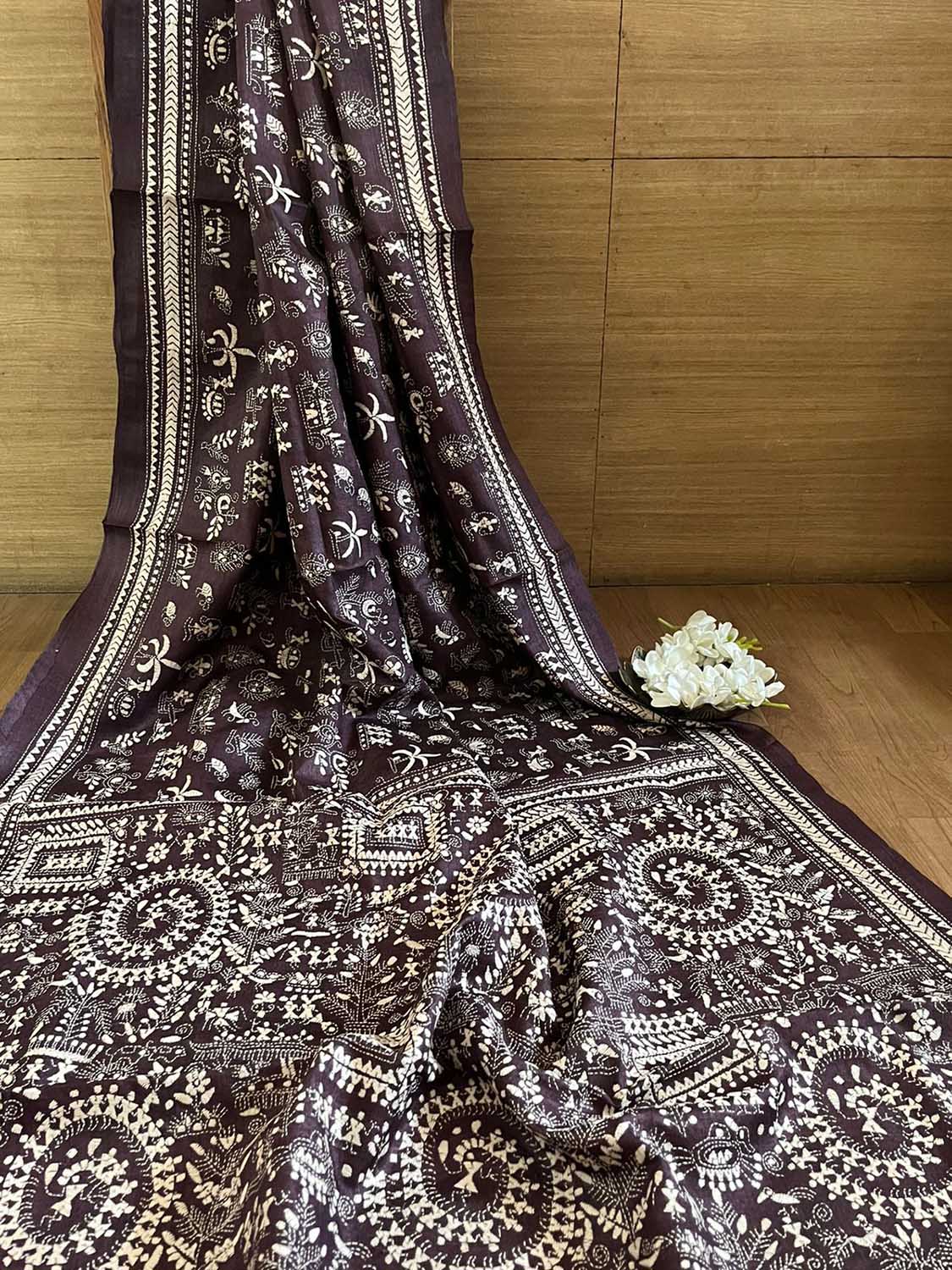 Exquisite Brown Kantha Hand Embroidered Gachi Tussar Silk Saree - Luxurion World