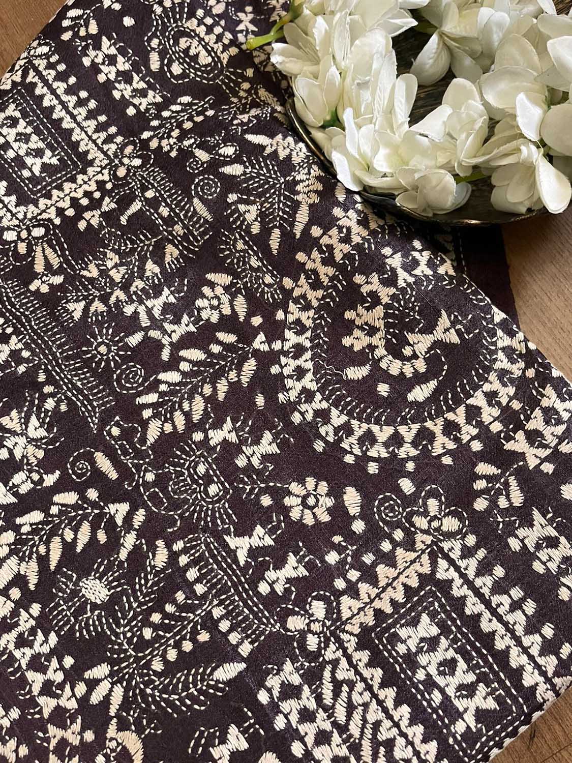 Exquisite Brown Kantha Hand Embroidered Gachi Tussar Silk Saree - Luxurion World