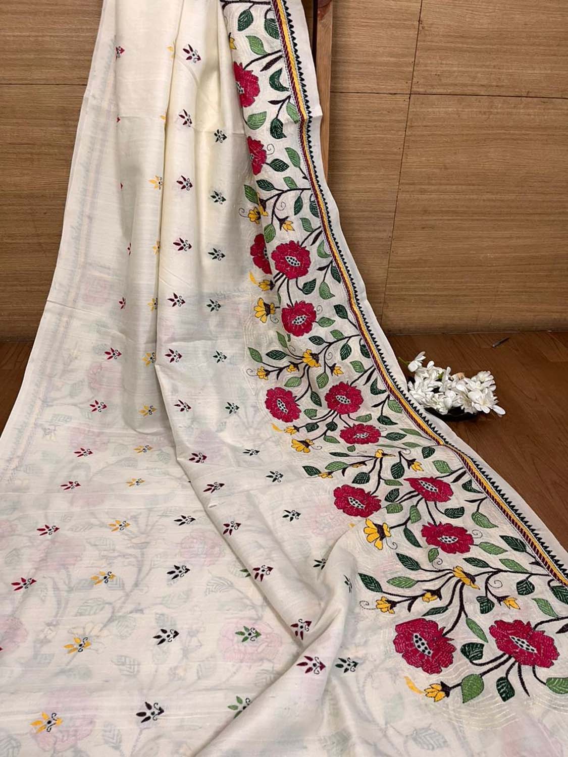 Pastel Kantha Tussar Silk Saree with Hand Embroidery - Luxurion World