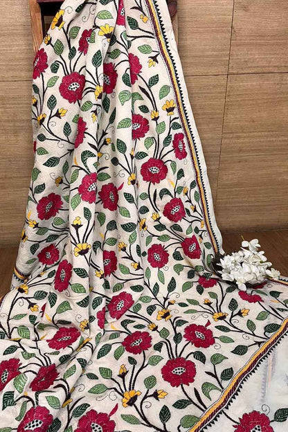 Pastel Kantha Tussar Silk Saree with Hand Embroidery - Luxurion World