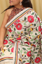 Pastel Kantha Tussar Silk Saree with Hand Embroidery - Luxurion World