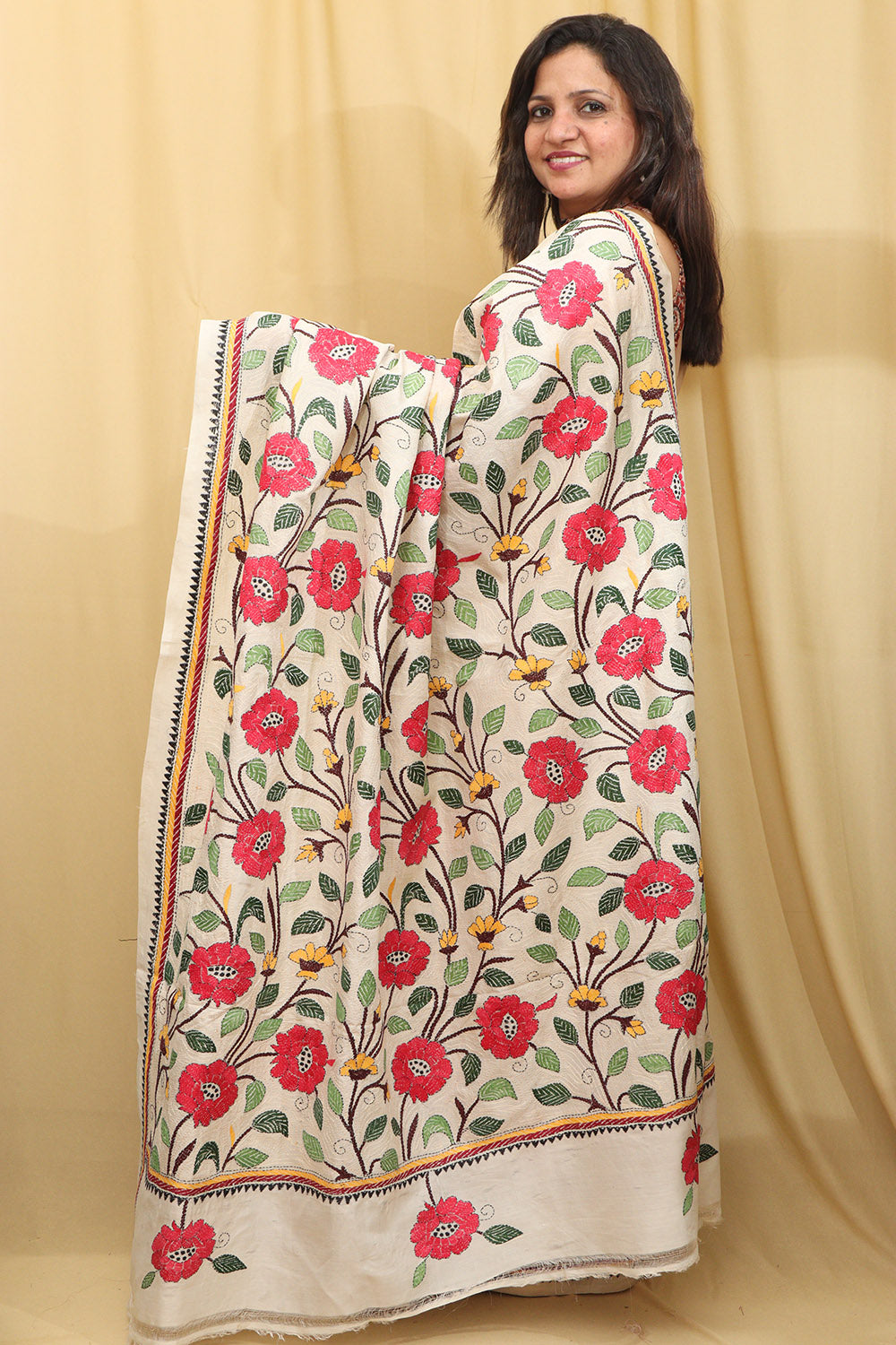 Pastel Kantha Tussar Silk Saree with Hand Embroidery - Luxurion World