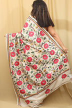 Pastel Kantha Tussar Silk Saree with Hand Embroidery - Luxurion World