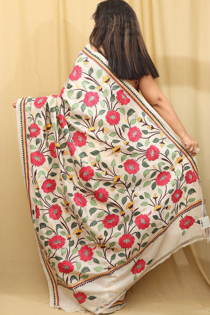 Pastel Kantha Tussar Silk Saree with Hand Embroidery - Luxurion World