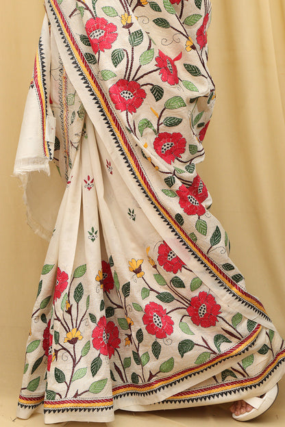 Pastel Kantha Tussar Silk Saree with Hand Embroidery - Luxurion World