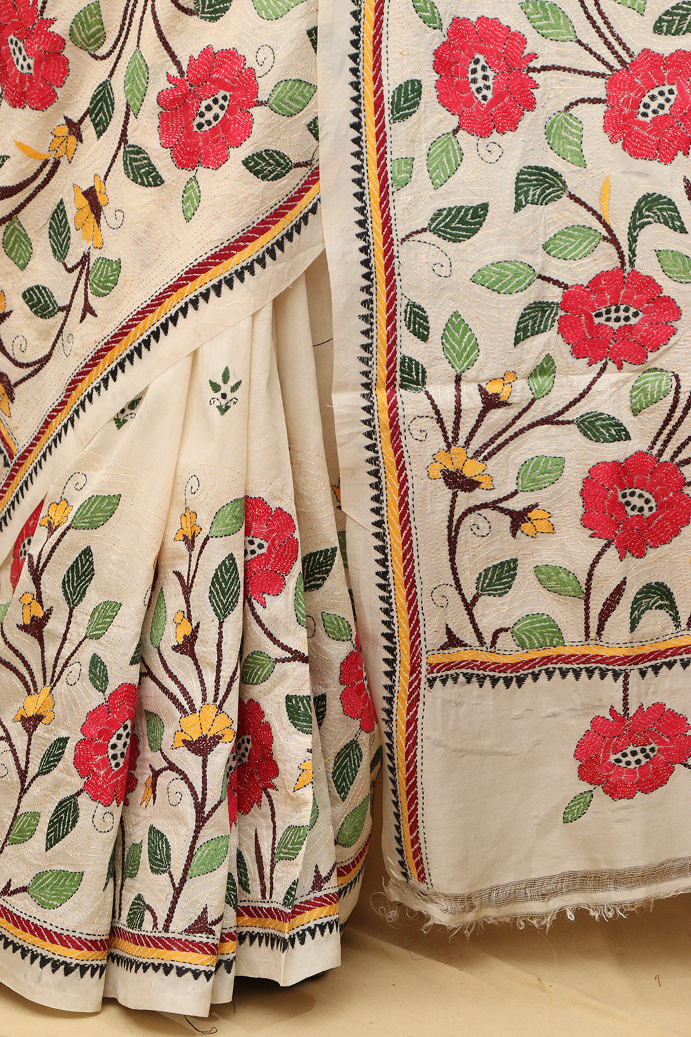 Pastel Kantha Tussar Silk Saree with Hand Embroidery - Luxurion World