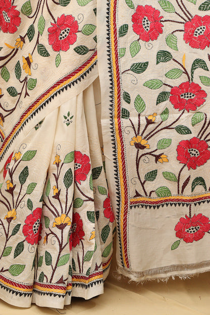 Pastel Kantha Tussar Silk Saree with Hand Embroidery - Luxurion World