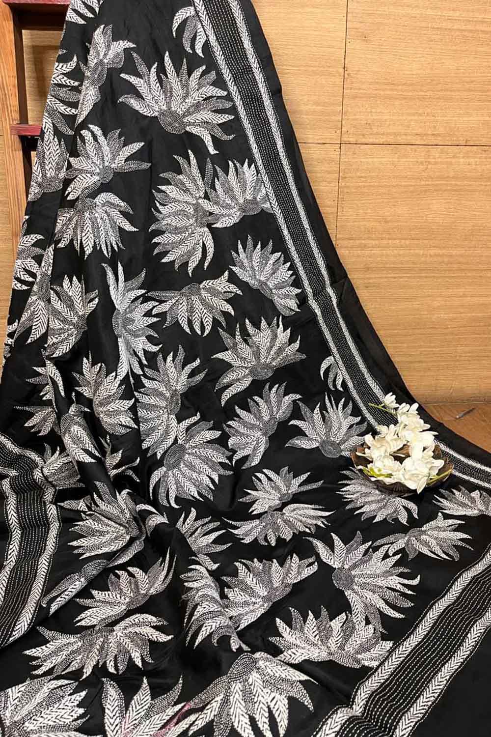 Exquisite Black Kantha Embroidered Bangalore Silk Saree - Luxurion World