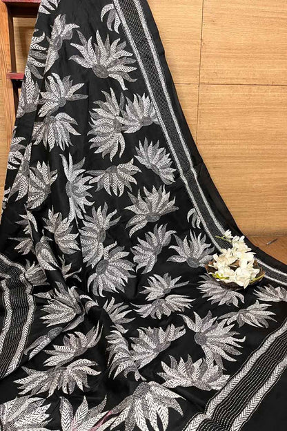 Exquisite Black Kantha Embroidered Bangalore Silk Saree - Luxurion World