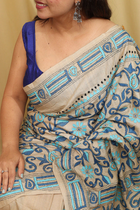 Pastel Kantha Hand Embroidered Gachi Tussar Silk Saree