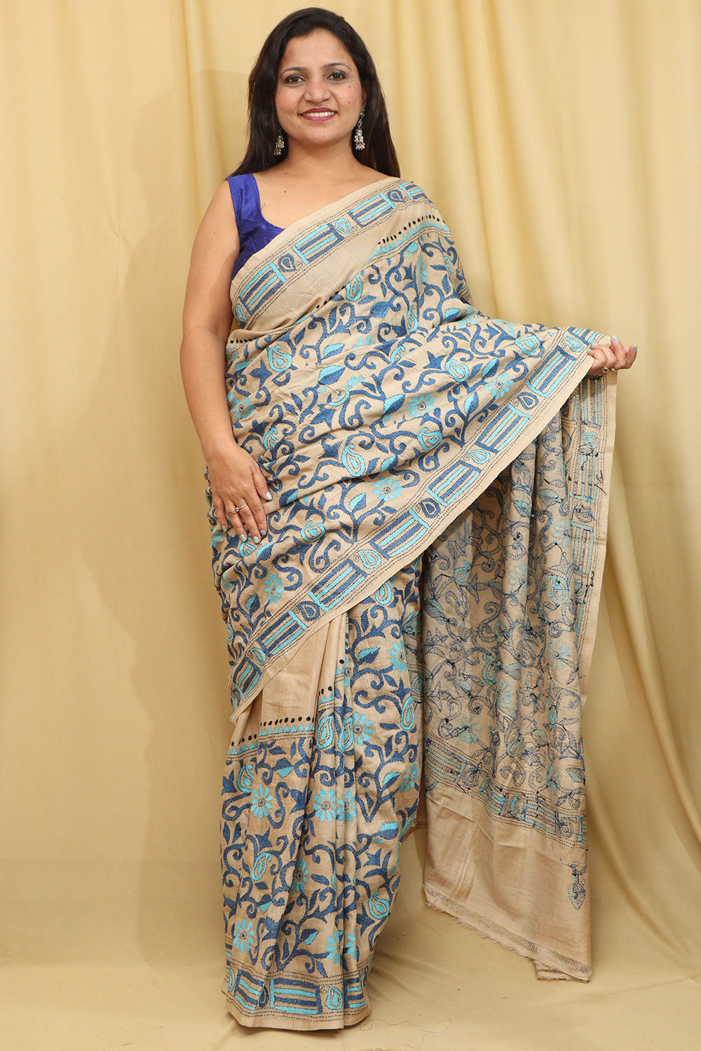 Pastel Kantha Hand Embroidered Gachi Tussar Silk Saree - Luxurion World