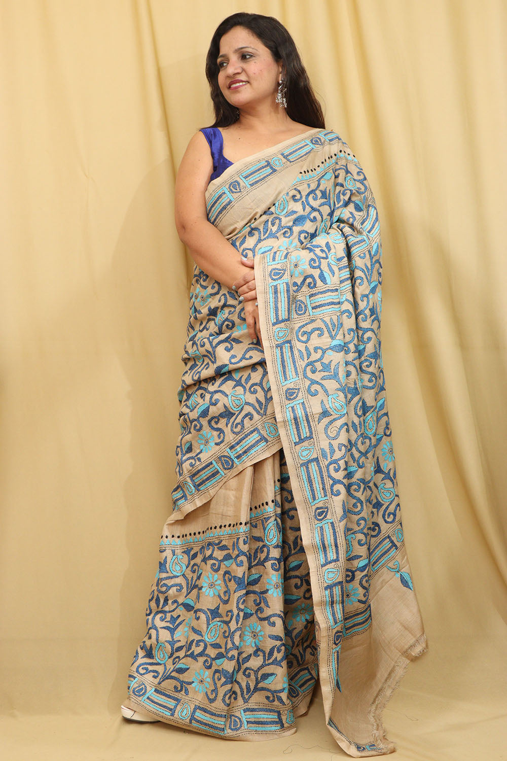 Pastel Kantha Hand Embroidered Gachi Tussar Silk Saree - Luxurion World