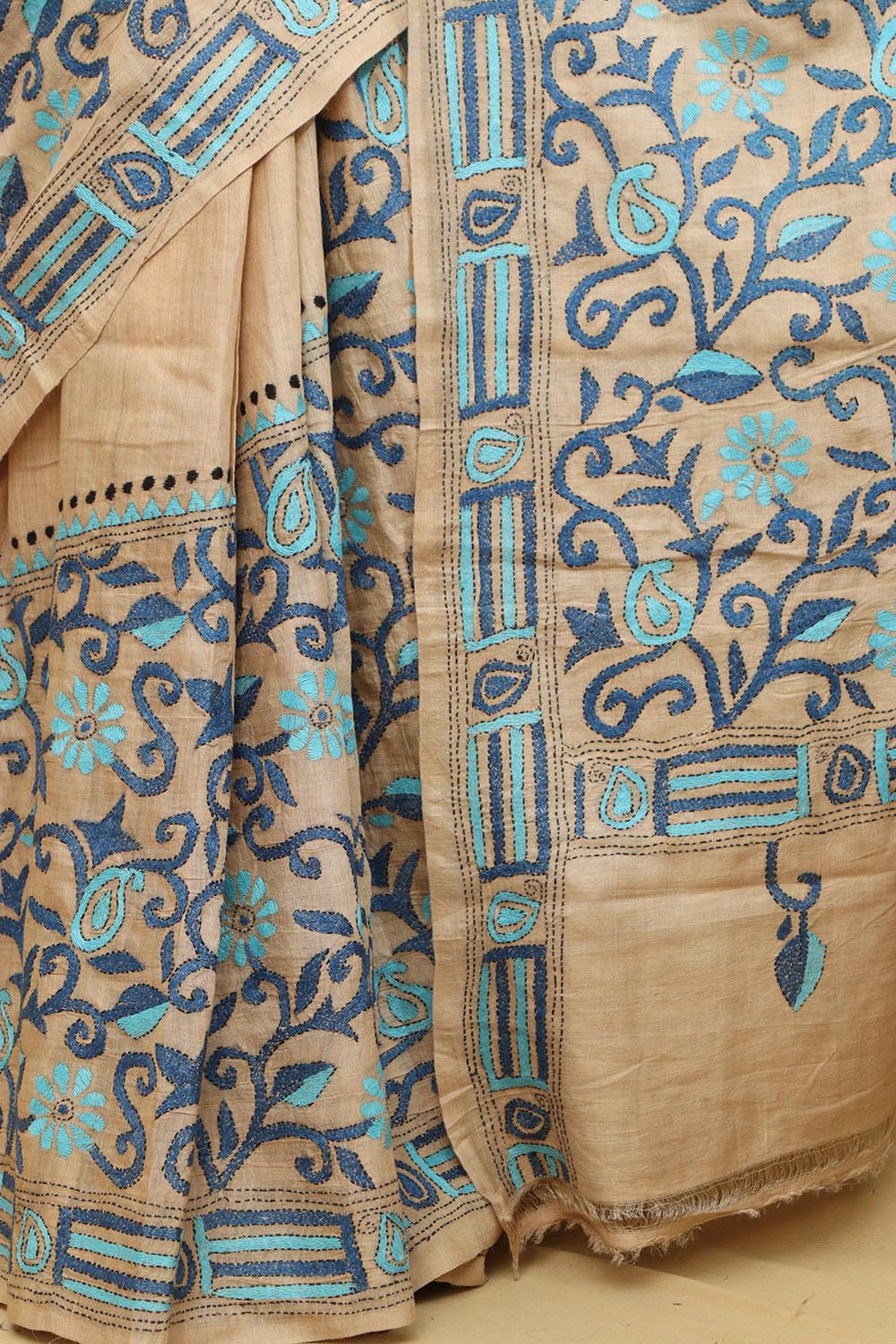 Pastel Kantha Hand Embroidered Gachi Tussar Silk Saree - Luxurion World