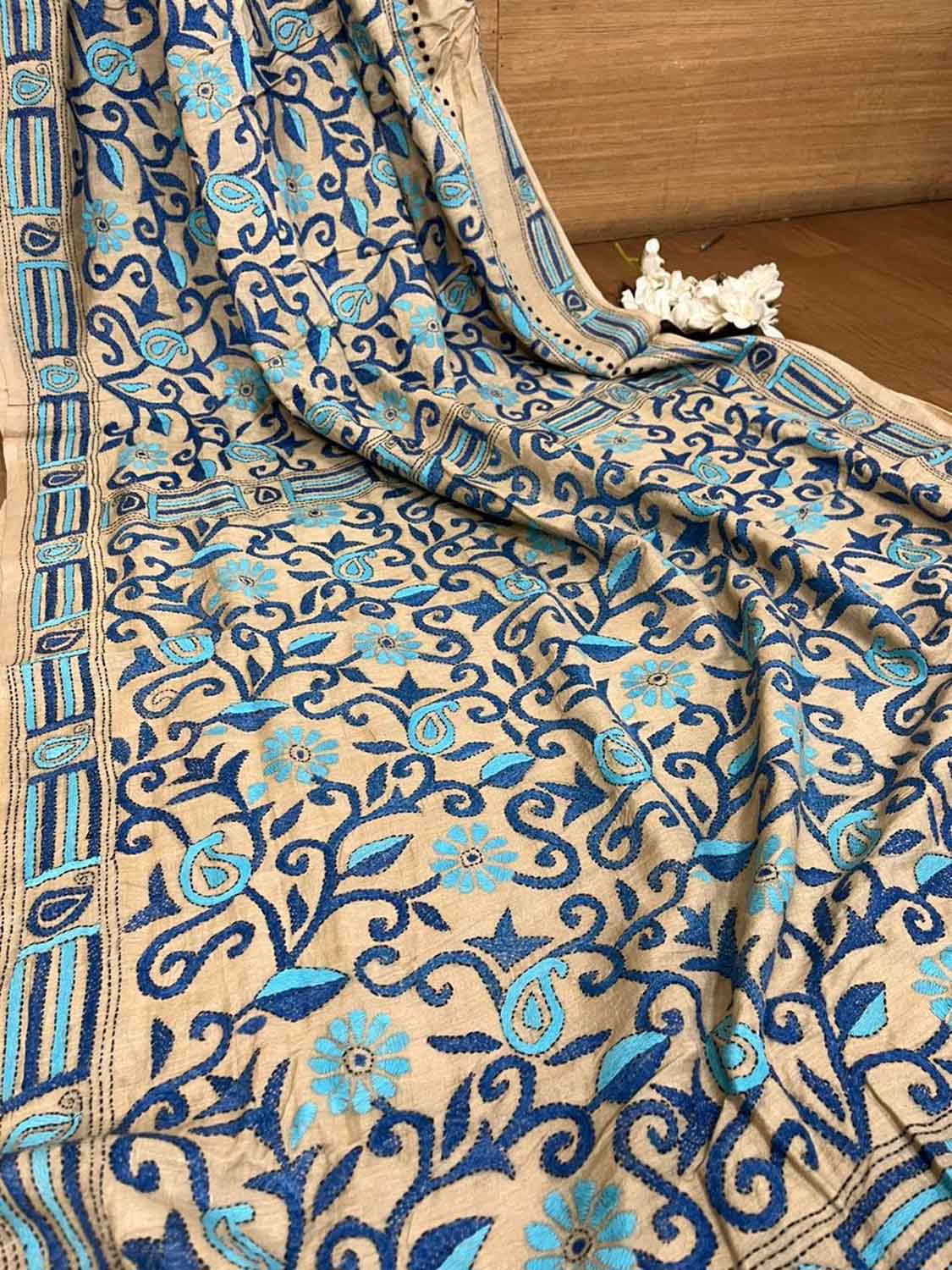 Pastel Kantha Hand Embroidered Gachi Tussar Silk Saree - Luxurion World