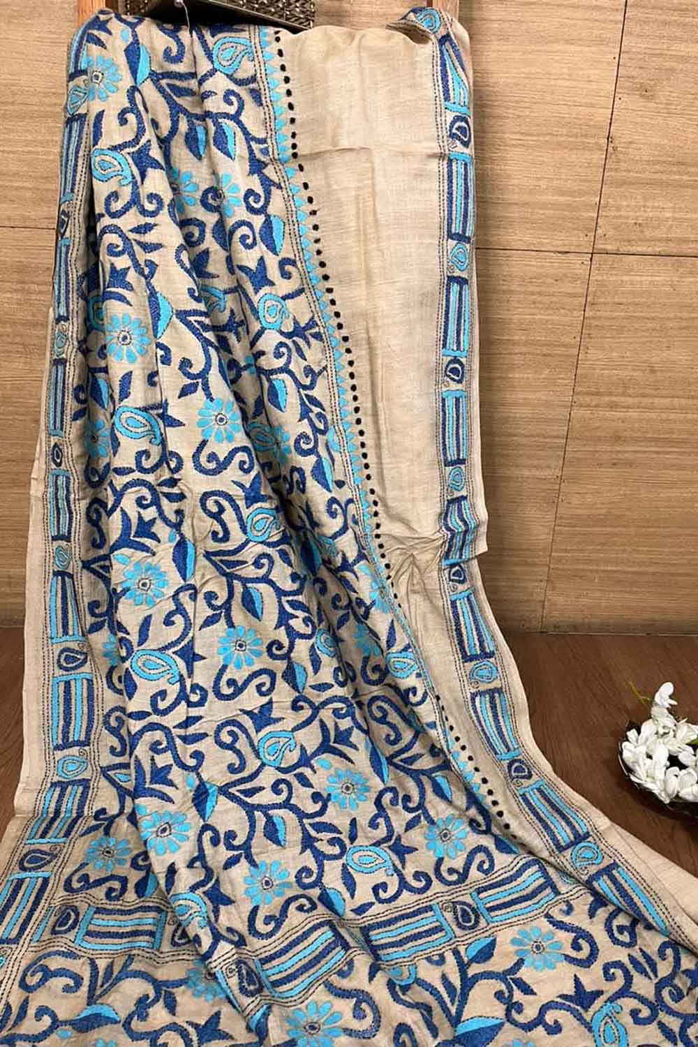 Pastel Kantha Hand Embroidered Gachi Tussar Silk Saree - Luxurion World