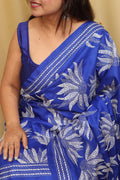Blue Kantha Hand Embroidered Bangalore Silk Saree - Luxurion World