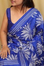 Blue Kantha Hand Embroidered Bangalore Silk Saree - Luxurion World