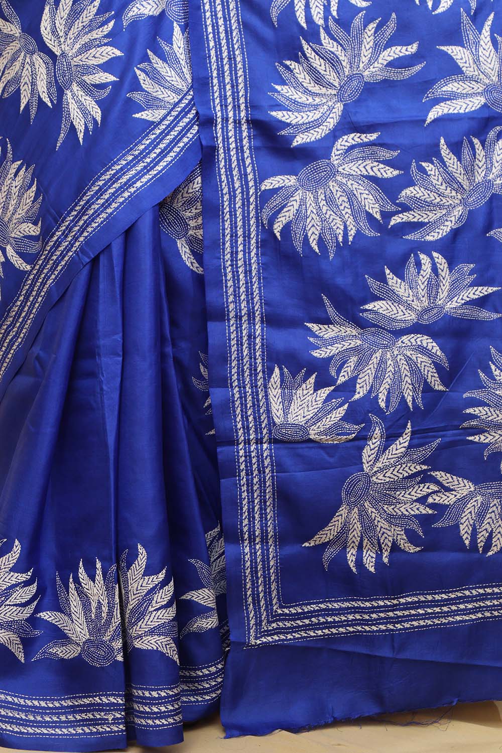 Blue Kantha Hand Embroidered Bangalore Silk Saree - Luxurion World
