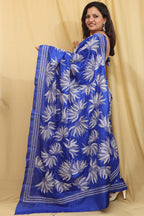Blue Kantha Hand Embroidered Bangalore Silk Saree - Luxurion World