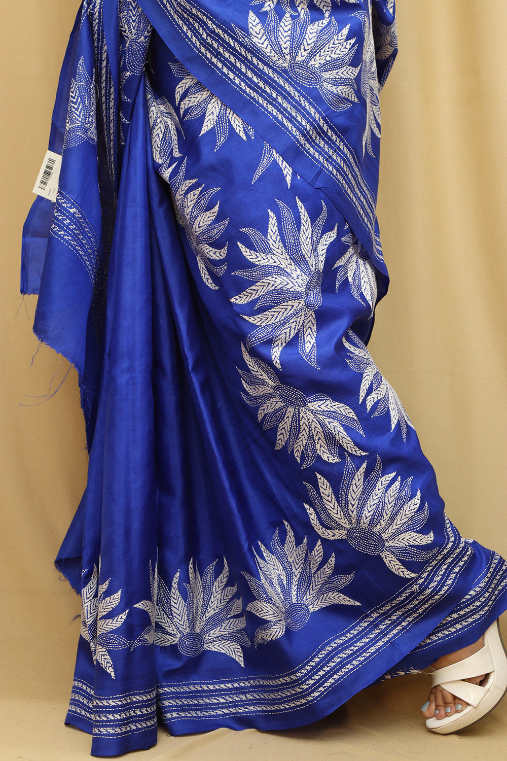 Blue Kantha Hand Embroidered Bangalore Silk Saree - Luxurion World