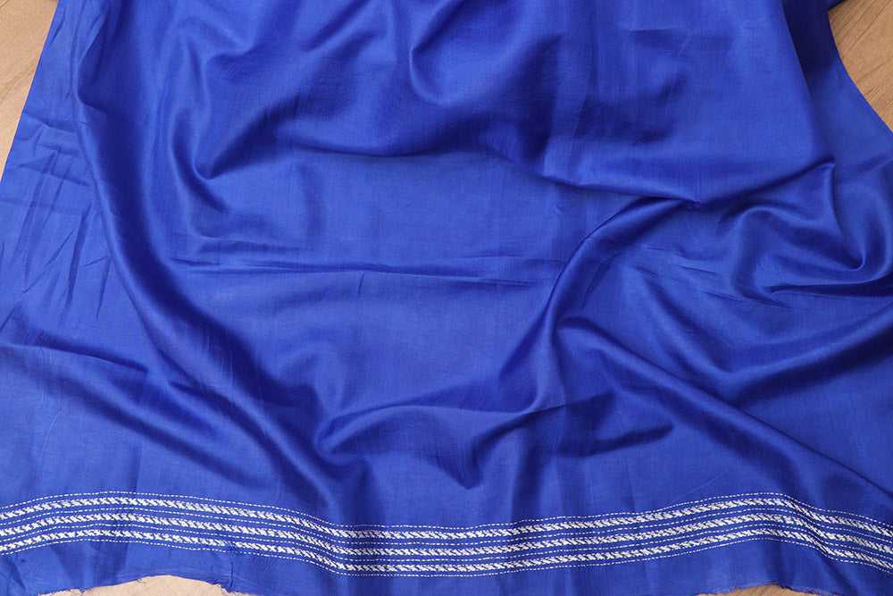Blue Kantha Hand Embroidered Bangalore Silk Saree - Luxurion World