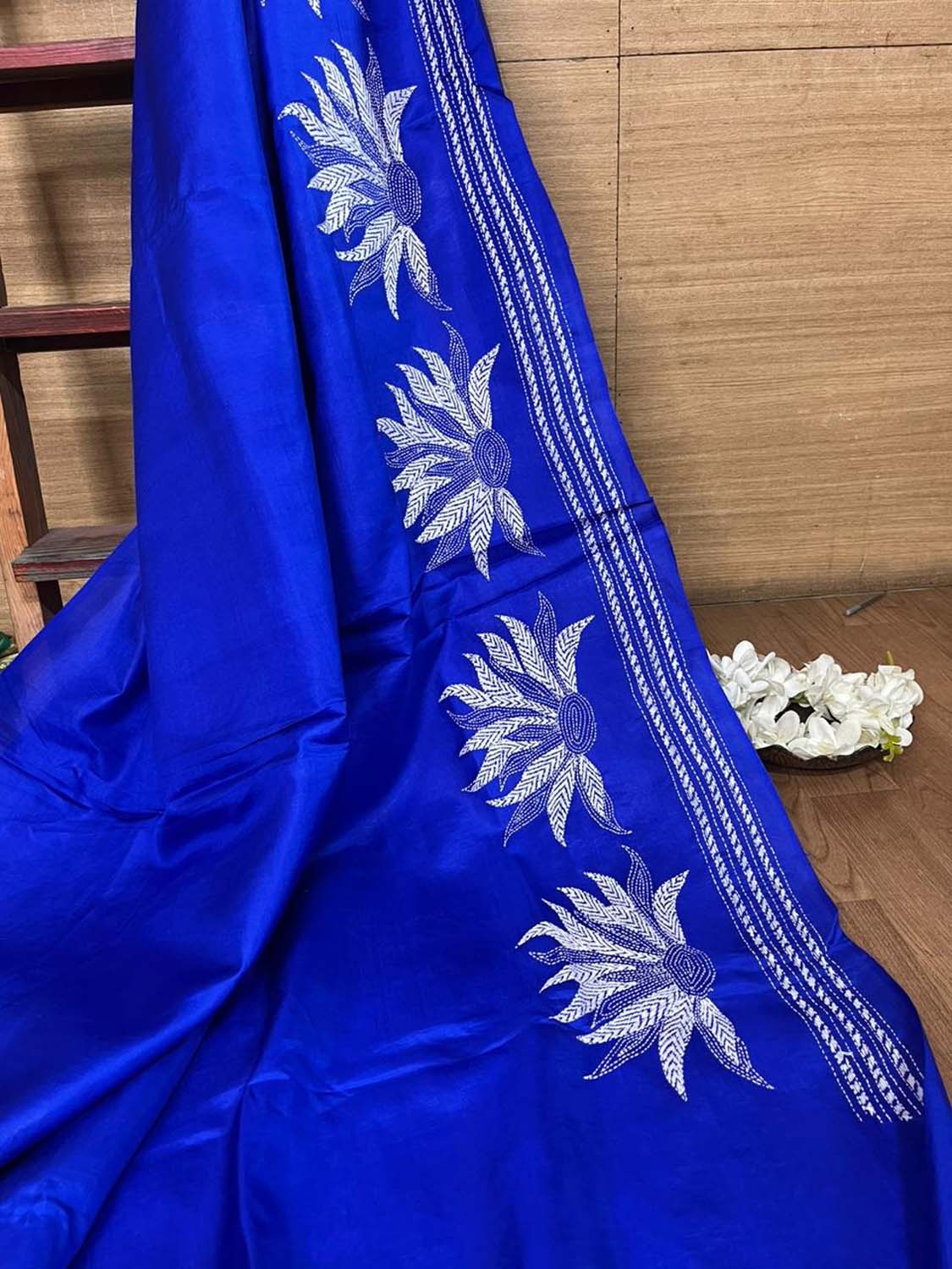 Blue Kantha Hand Embroidered Bangalore Silk Saree - Luxurion World
