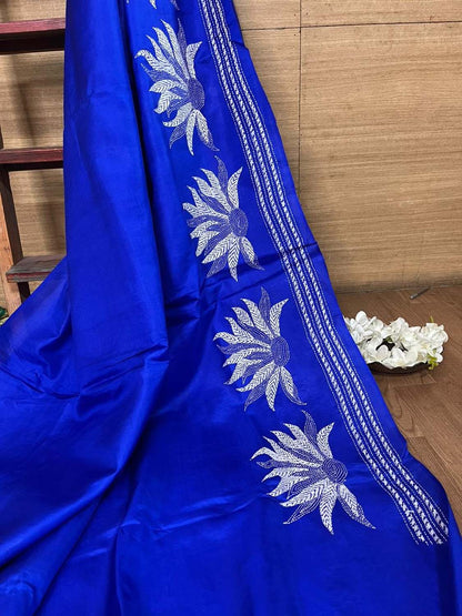Blue Kantha Hand Embroidered Bangalore Silk Saree - Luxurion World
