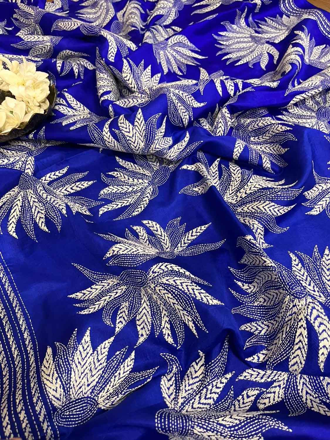 Blue Kantha Hand Embroidered Bangalore Silk Saree - Luxurion World