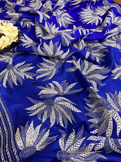Blue Kantha Hand Embroidered Bangalore Silk Saree - Luxurion World