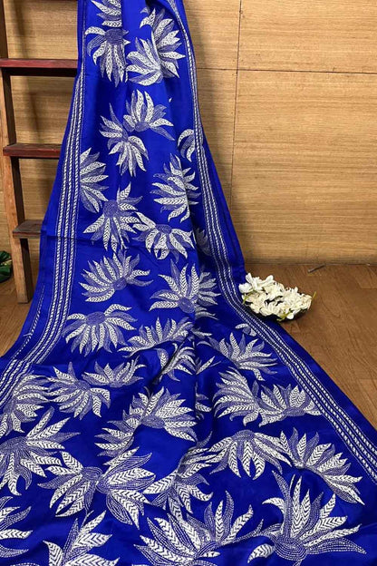 Blue Kantha Hand Embroidered Bangalore Silk Saree - Luxurion World