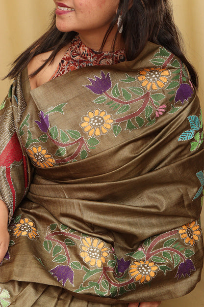 Pastel Kantha Tussar Silk Saree with Hand Embroidery - Luxurion World