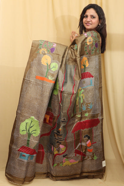 Pastel Kantha Tussar Silk Saree with Hand Embroidery - Luxurion World