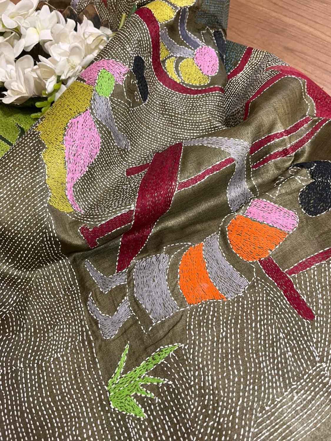 Pastel Kantha Tussar Silk Saree with Hand Embroidery - Luxurion World