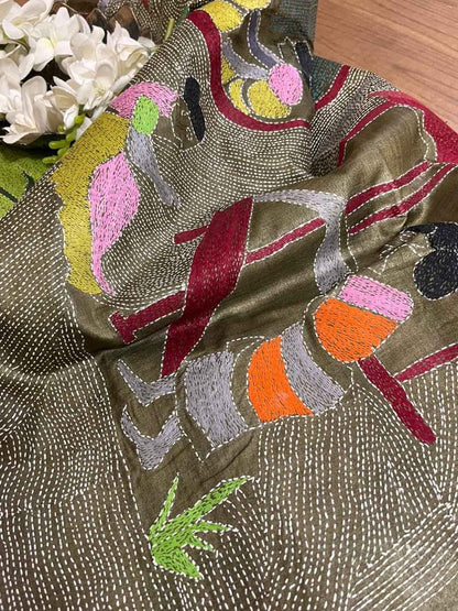 Pastel Kantha Tussar Silk Saree with Hand Embroidery - Luxurion World