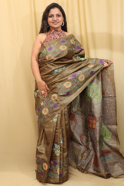 Pastel Kantha Tussar Silk Saree with Hand Embroidery - Luxurion World