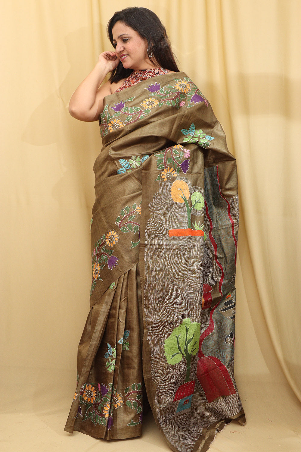 Pastel Kantha Tussar Silk Saree with Hand Embroidery - Luxurion World