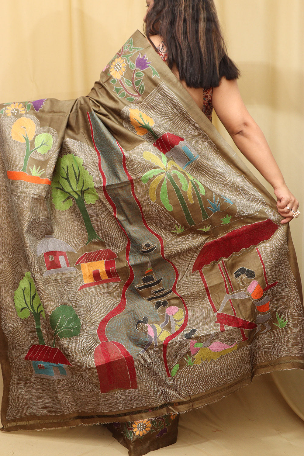 Pastel Kantha Tussar Silk Saree with Hand Embroidery - Luxurion World