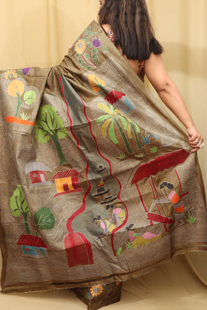 Pastel Kantha Tussar Silk Saree with Hand Embroidery - Luxurion World