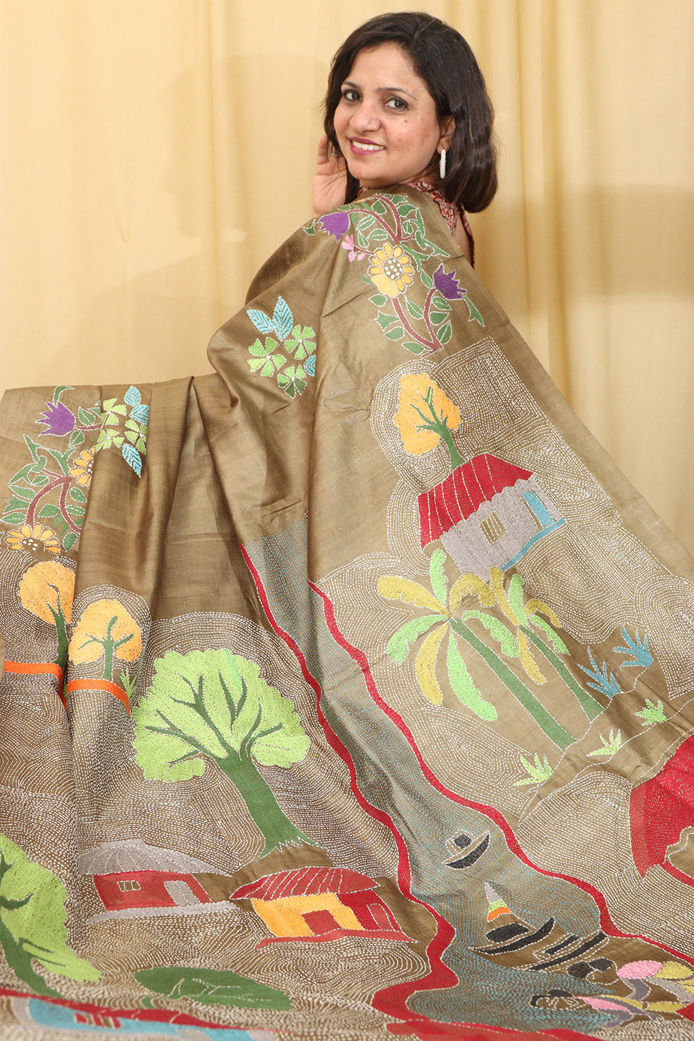 Pastel Kantha Tussar Silk Saree with Hand Embroidery - Luxurion World