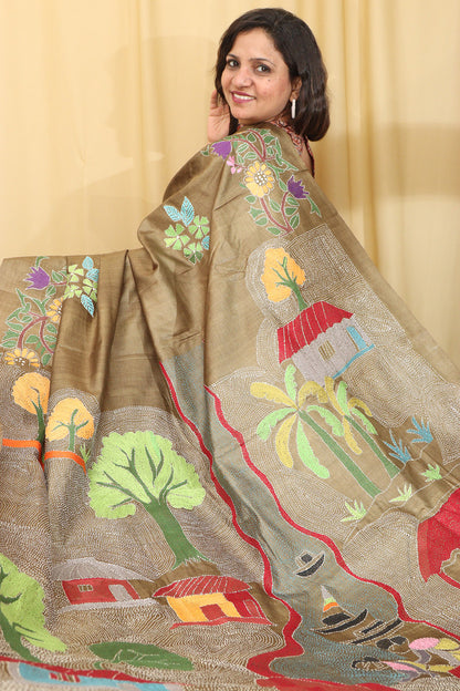 Pastel Kantha Tussar Silk Saree with Hand Embroidery - Luxurion World