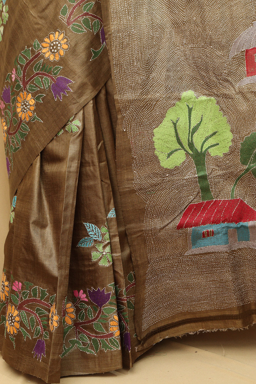 Pastel Kantha Tussar Silk Saree with Hand Embroidery - Luxurion World