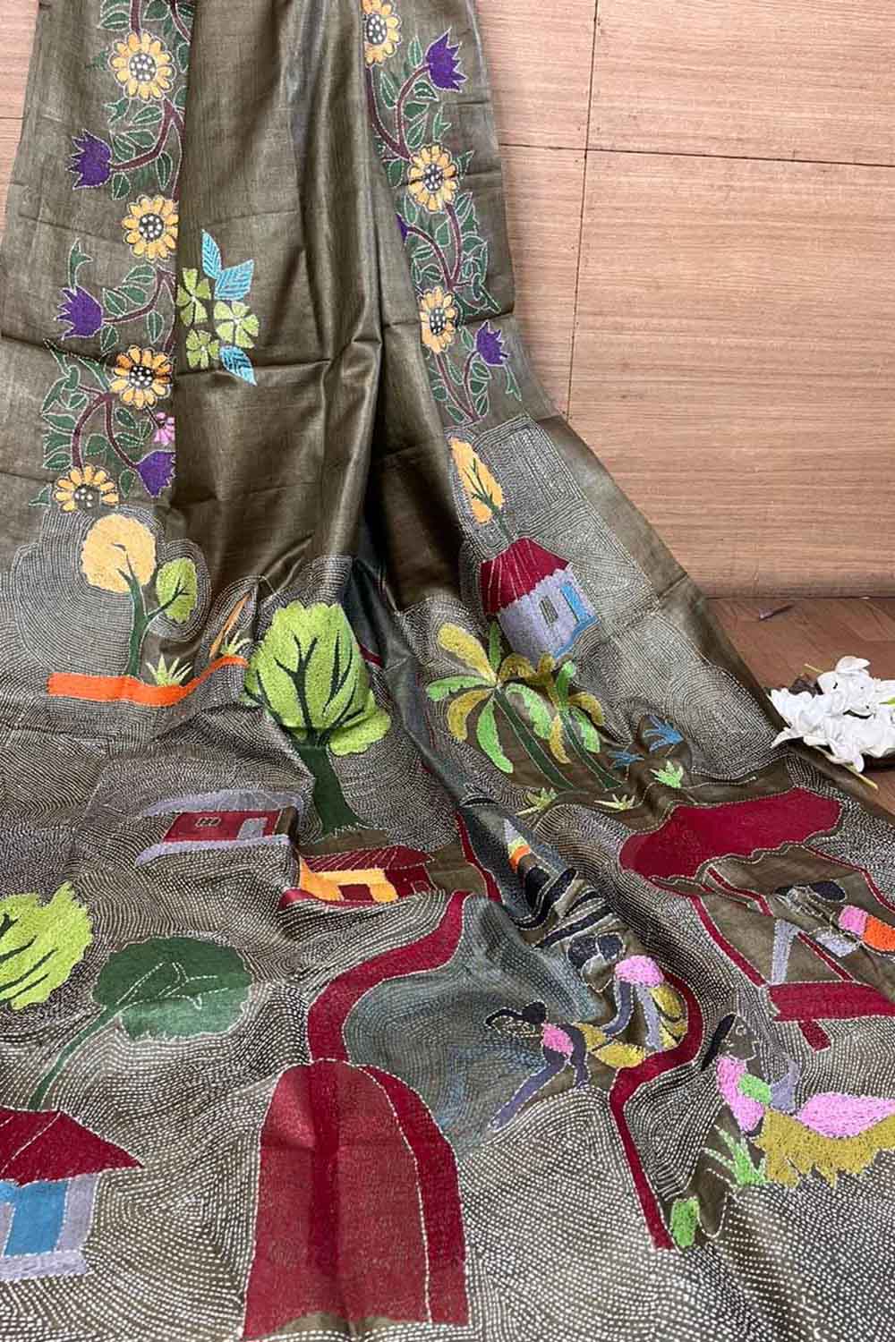 Pastel Kantha Tussar Silk Saree with Hand Embroidery - Luxurion World