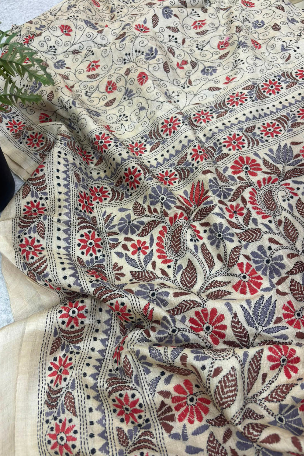 Pastel Kantha Hand Embroidered Tussar Silk Allover Flower Design Saree