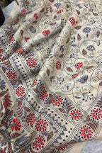 Pastel Kantha Hand Embroidered Tussar Silk Allover Flower Design Saree