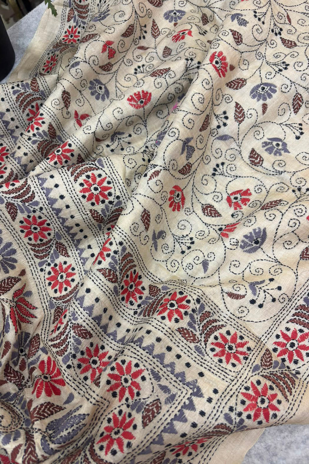 Pastel Kantha Hand Embroidered Tussar Silk Allover Flower Design Saree