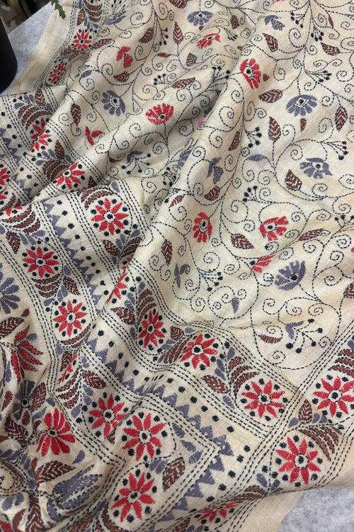 Pastel Kantha Hand Embroidered Tussar Silk Allover Flower Design Saree