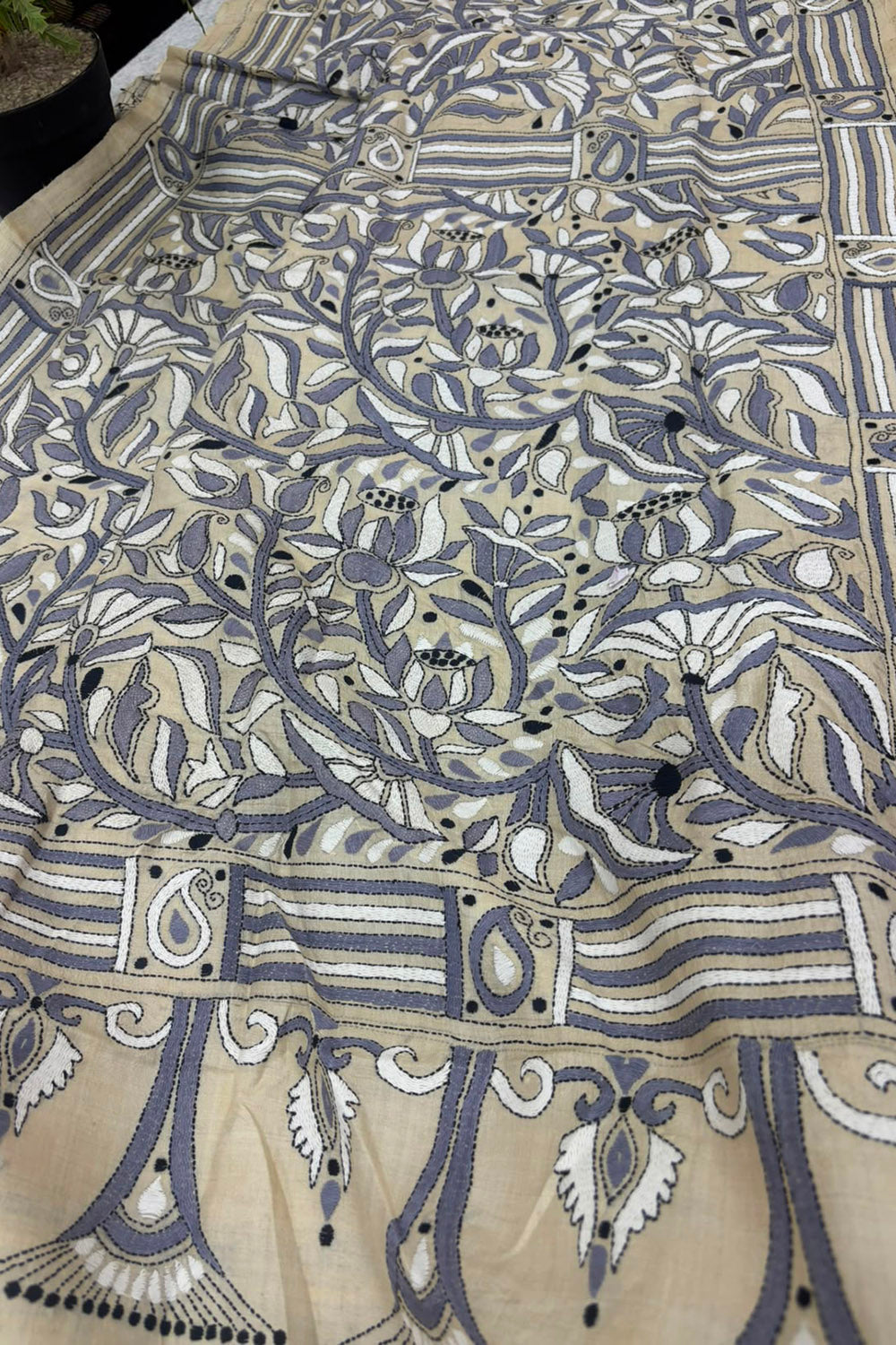 Pastel Kantha Hand Embroidered Tussar Silk Lotus Design Saree