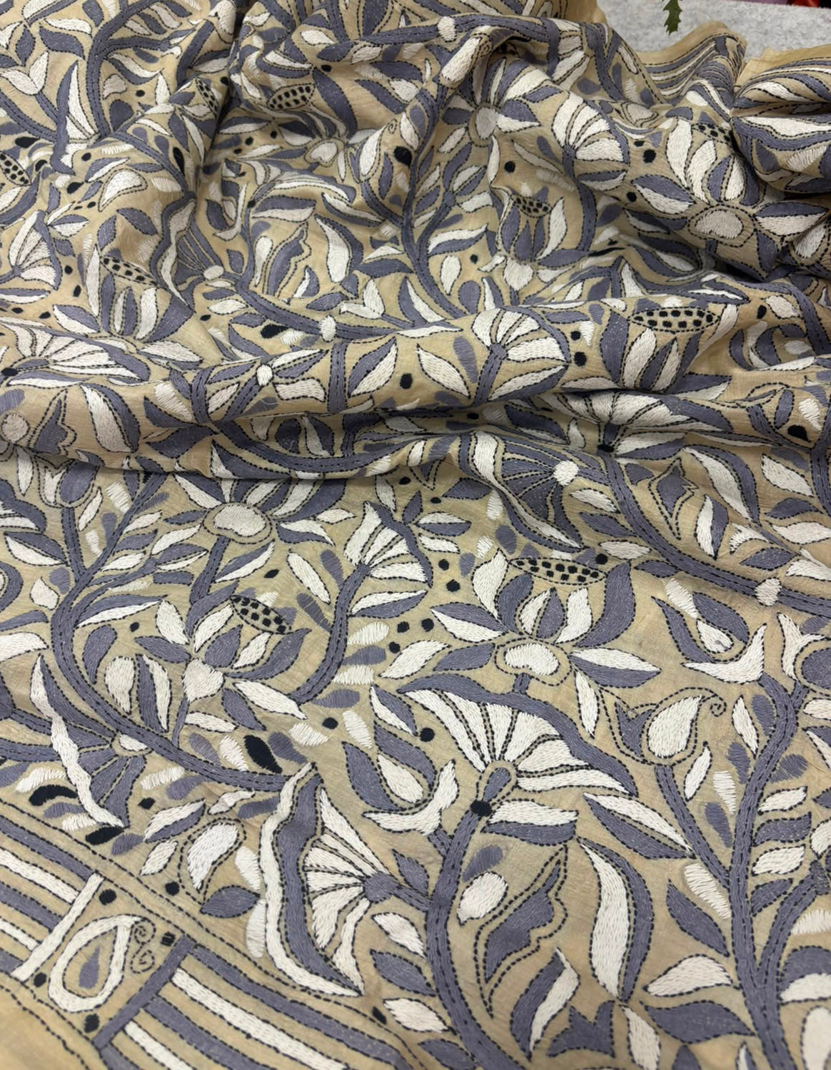 Pastel Kantha Hand Embroidered Tussar Silk Lotus Design Saree